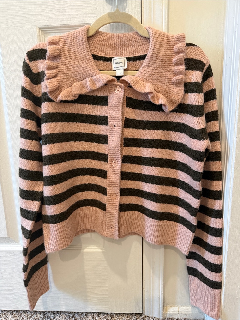 Maeve Pink and Black Ruffle-Collar Striped Cardigan